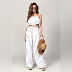 Tobi White and Blue Striped‎ Wide Leg Pants Set Wide Leg